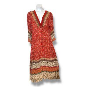 2X Long Sleeve Gauzy Rayon Red Floral Bohemian Maxi Dress Festival Gypsy